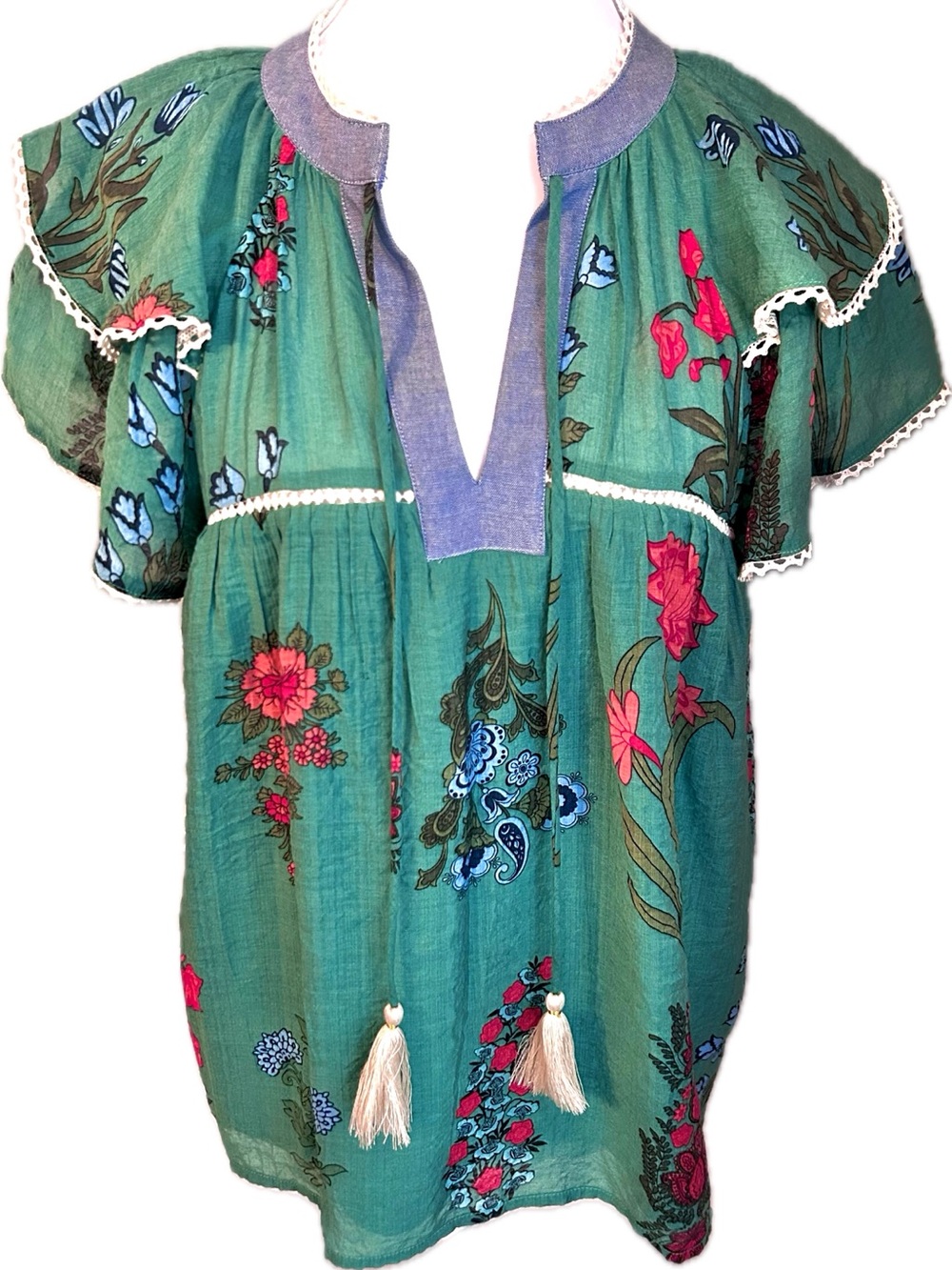 THML Green Floral Peasant Tunic with Tassels